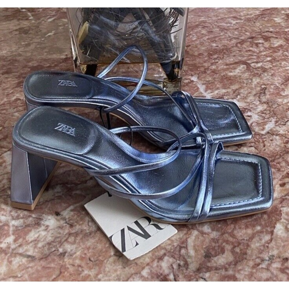 NWT Zara Retro Blue Y2K Strappy Square Toe Heeled Sandal Shoes US 5/ EU 35‎